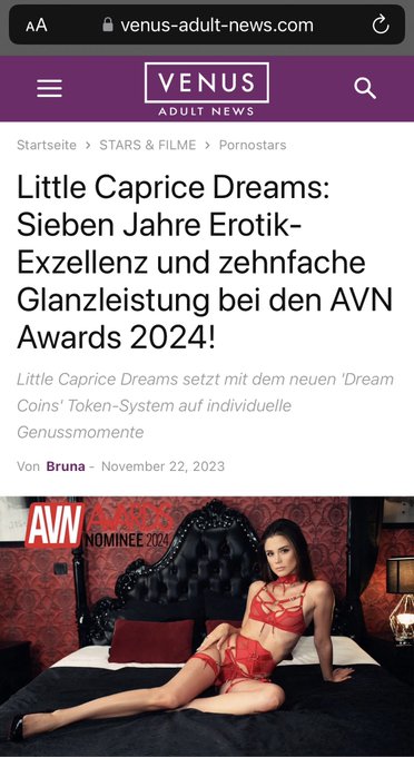 thanks for the great news   @VenusAdultNews  &hellip; @avnawards   https://t.co/6BTnZLumP3 @littlecapricetm<a class="tags" target="_blank" title="On Twitter" href="/?out=eyJ0eXAiOiJKV1QiLCJhbGciOiJIUzUxMiJ9.eyJpYXQiOjE3MjE2NzExOTksImlzcyI6InR3cG9ybnN0YXJzLmNvbSIsIm5iZiI6MTcyMTY3MTE5OSwiZXhwIjoxNzUzMjA3MTk5LCJyZWRpcmVjdF91cmwiOiJodHRwczovL3R3aXR0ZXIuY29tL1ZlbnVzQWR1bHROZXdzIn0.tR326HDzo0OfXvRPolxO4lBUchVlzdNrhpbpuFMIFSIVSX6pEkZur88j9VpnbAYK1f8nM3Zr_vKP1ZD-tHeEjA">@VenusAdultNews</a><a href="/tag/xpervo"class="tags"><span>#xpervo</span></a>