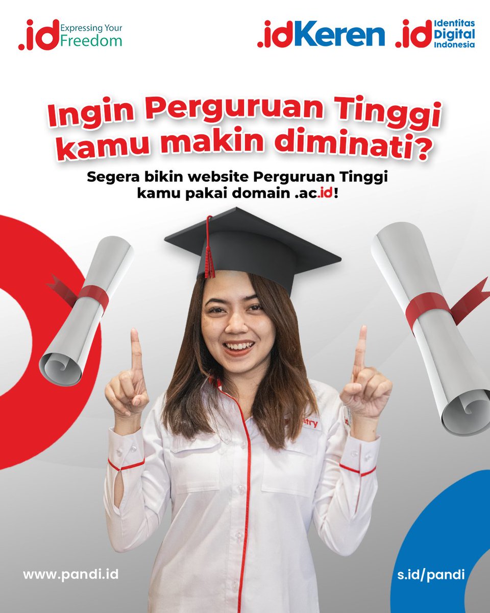Pandi_ID's tweet image. Maksimalkan daya tarik Perguruan Tinggimu! Ciptakan website resmi dengan domain .ac.id untuk mempublikasikan prestasi dan kegiatan yang membuat Perguruan Tinggimu semakin eksis dan diminati oleh banyak orang! 🎓

#PANDI
#PANDIID
#DomainID
#IdentitasBangsa
#DomainIndonesia
#Domain