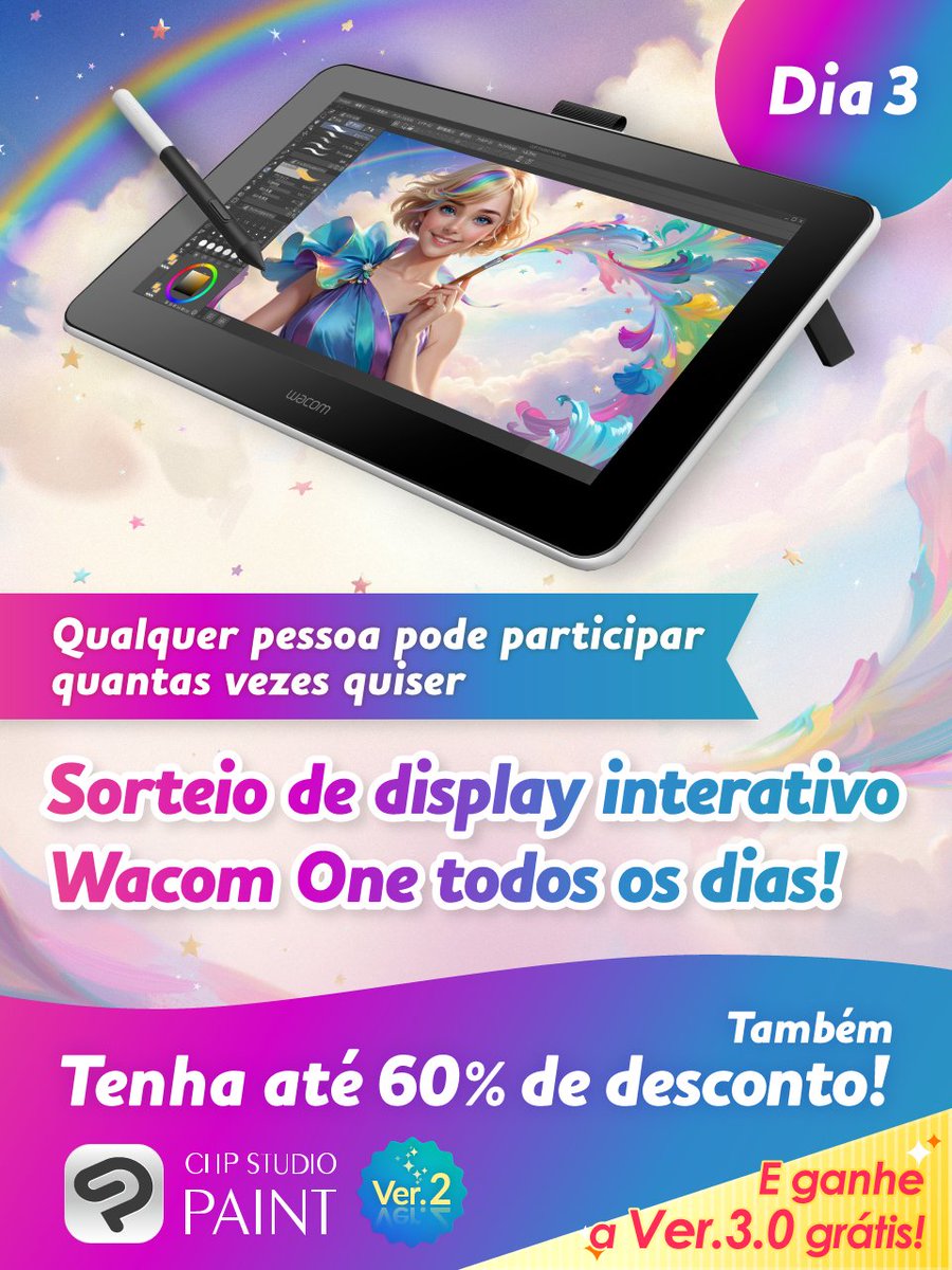 Um Wacom One sorteado por dia! Siga-nos e republique este post para participar quantas vezes quiser. Hoje é o 3º dia; restam 4 chances! E até 60% de desconto no CLIP STUDIO PAINT na liquidação limitada! Só até 28/nov às 5:00 a.m. (BRT). Veja mais em: clipstudio.net/promotion/give…