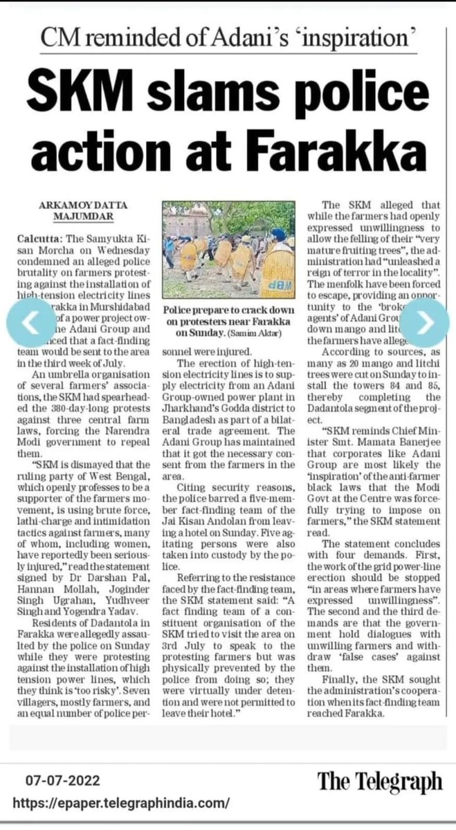 SuvenduWB's tweet photo. Adanis were never interested to build the Tajpur Port. Mamata Banerjee knew it very well. But both played along ! Why? 

Adani Power Jharkhand Ltd (APJL), a wholly-owned subsidiary of Adani Power Ltd, entered into an agreement with the Bangladesh Govt to supply electricity generated at Godda in Jharkhand to the Bangladesh electricity grid.

However, the problem with the plan was that the supply lines and Transmission Towers had to pass through West Bengal, specifically through Murshidabad.

The mango and lychee orchards were in the way. The farmers, mostly belonging to the minority community objected to this plan.

So, a deal was cracked between Adani & Mamata Banerjee. Adani had to show up at the BGBS event, sing praises of the State Govt & the CM's "visionary leadership" in order to paint WB as a lucrative destination for corporate investment. In return the State Govt would facilitate the passing of Electricity-bearing cables through several areas of WB, including Farakka in Murshidabad and Malda, before finally entering Bangladesh.

Who knows, assessing the tainted record of corrupt State Govt, there might have been any unaccounted financial incentive at play to generate State Govt's interest? 

The declaration of the Tajpur Port Project was also an integral part of the plan. But in reality it was an illusion created to divert attention from what was about to happen.

The Mamata Police unleashed unimaginable brutality on the minority community farmers, whose livelihoods depend on these orchards. The local law enforcement agency and administration acted on the Adani Group’s behalf and didn't hesitate to shed the blood of farmers who were protesting peacefully. The so called 'farmer friendly' Mamata Banerjee looked the other way when the protesting farmers were thrashed.

Ultimately, the might of the State prevailed and century-old mango and lychee orchards got devastated due to the construction of the high-tension towers. For the first time in hundreds of years, the villagers say that the area’s famed mango and lychee orchards did not yield any produce.

Now as the purpose is now solved and the quid pro quo arrangement is complete, Adani seemed to have pulled the plug from the Tajpur Port project and Mamata Banerjee is looking for new enthusiasts for the project. She had been going gung ho for the Tajpur Port project for almost a decade now, but in reality hasn't even developed a square inch of infrastructure to facilitate the same.

@AdaniOnline @RIL_Updates
@FollowCII @ficci_india @ICC_Chamber @IMC_India
@ASSOCHAM4India @nasscom @phdchamber @FieoHq @FISME @siamindia @BenCham1833 @BncciBengal @BharatChamber @BombayChamber