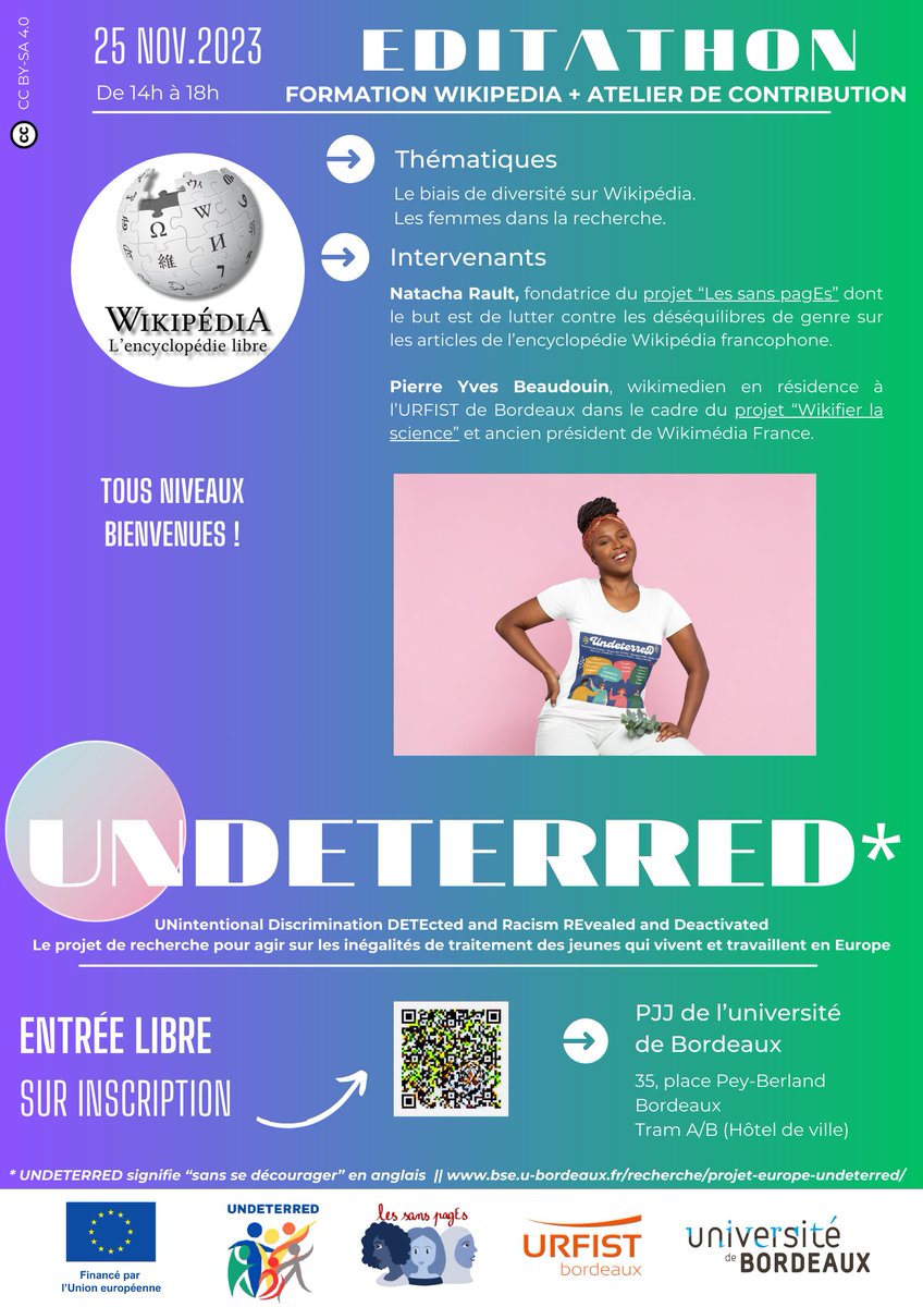 Pyb75's tweet photo. Ce week-end, #Wikipédia est à l'honneur à l'@univbordeaux avec 2 événements :
- Atelier Cujas à la BU Droit-Lettres (Pessac) https://t.co/xwWzvCtsTF
- Atelier Femmes scientifiques à Pey-Berland (Bordeaux) https://t.co/r1MQBkAWDE
#Undeterred #LessanspagEs #Cubale https://t.co/uFH8MYlIfb
