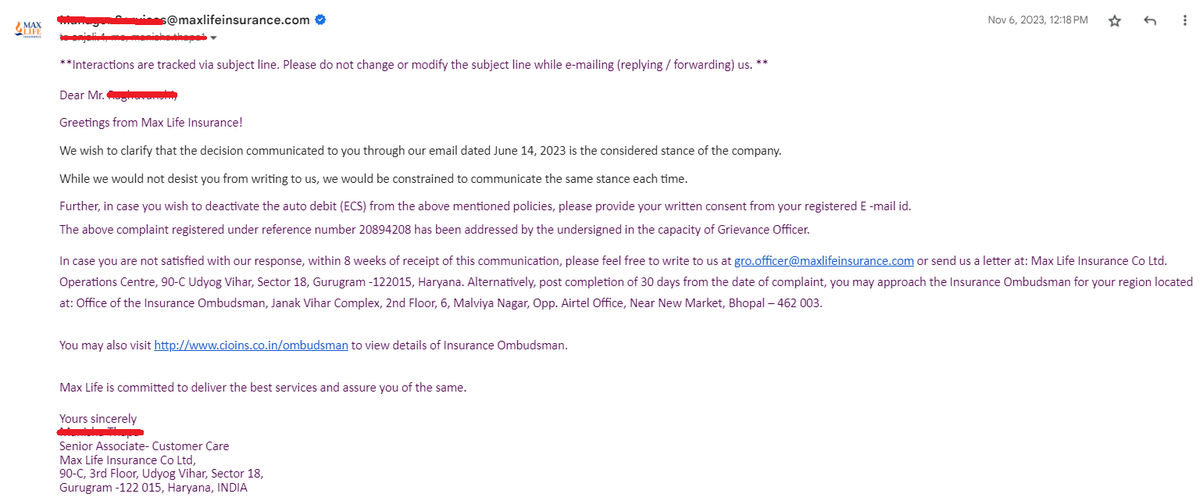 Sandeepr2407's tweet image. @MaxLifeIns @FinMinIndia
@PMOIndia @jagograhakjago
Wow, what a way to resolve customer issues, by saying "we can't do anything about it".

#maxlife #maxlifefraud
#LISA #dwts #boycott #boycottMaxLife #insurance