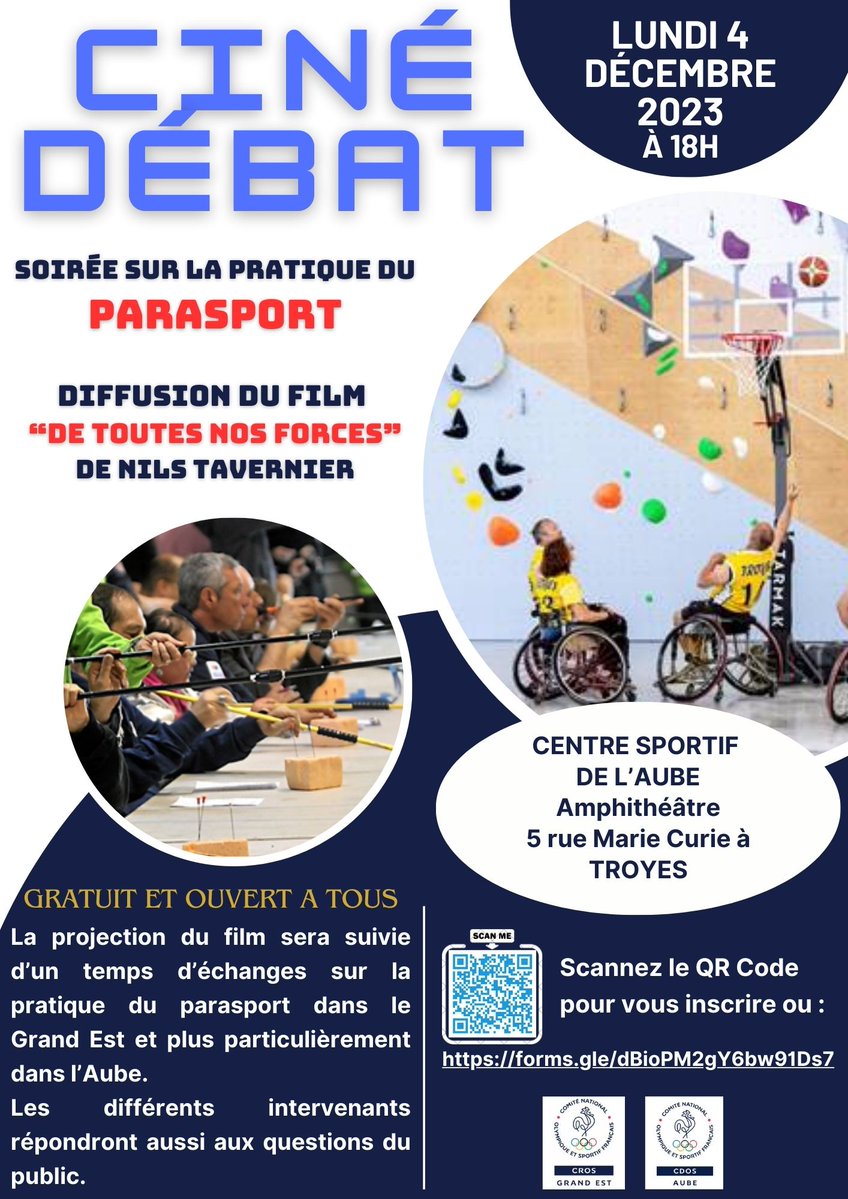 📌⚠️🚨ÉVÉNEMENT GRATUIT ET OUVERT A TOUS - LUNDI 4 DÉCEMBRE 2023 A 18H 📌⚠️🚨

L’objectif de cette soirée est de réfléchir et d’échanger sur le handicap, l’acceptation des différences et le vivre ensemble. 
#parasport