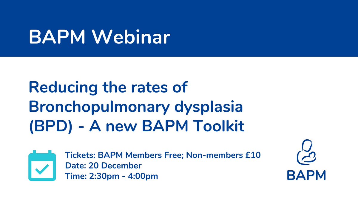 Join us for a webinar on reducing the rates of bronchopulmonary dysplasia (BPD) and find out more about our new BAPM Toolkit. Tickets are free for BAPM members. Non-member tickets are £10. Find out more and register here> bapm.org/events/reducin…