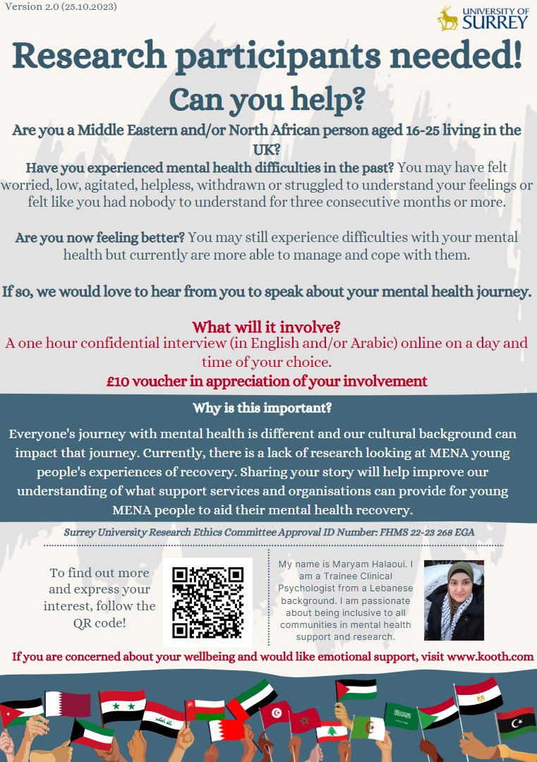 Research opportunity for Middle Eastern North African (MENA) young people!

Please share this research poster to help us spread the word - Thank you ✨ 

To find out more about the research and register your interest please click the link: surreyfahs.eu.qualtrics.com/jfe/form/SV_5s… 

<a href="/UoSPsychD/">Clinical Psychology at Surrey</a>