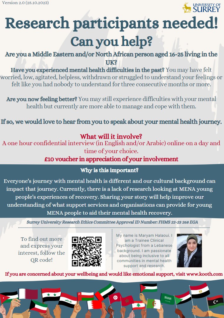 Research opportunity for Middle Eastern North African (MENA) young people! Please share this research poster to help us spread the word - Thank you ✨ To find out more about the research and register your interest please click the link: surreyfahs.eu.qualtrics.com/jfe/form/SV_5s… @UoSPsychD