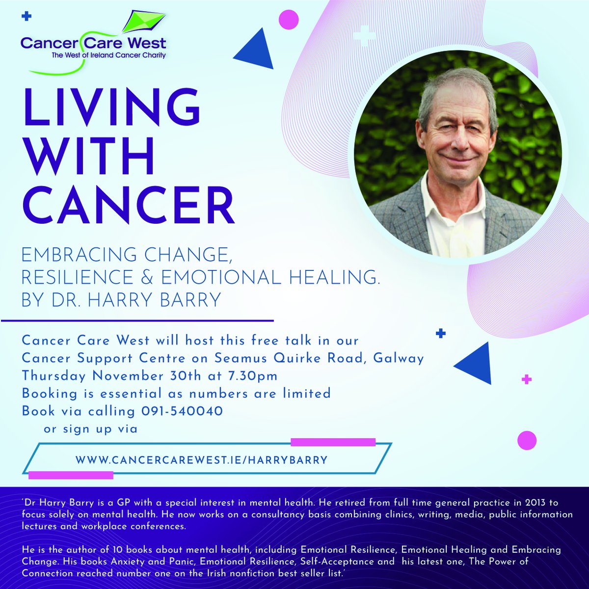 Sign up for our upcoming talk with <a href="/DrHarryBarry/">Dr Harry Barry</a> on Thursday November 30th at 7.30pm. This talk will take place in our support centre in Galway. Register via cancercarewest.ie/event/harrybar…
#Cancer #livingwithcancer #cancersurvivor