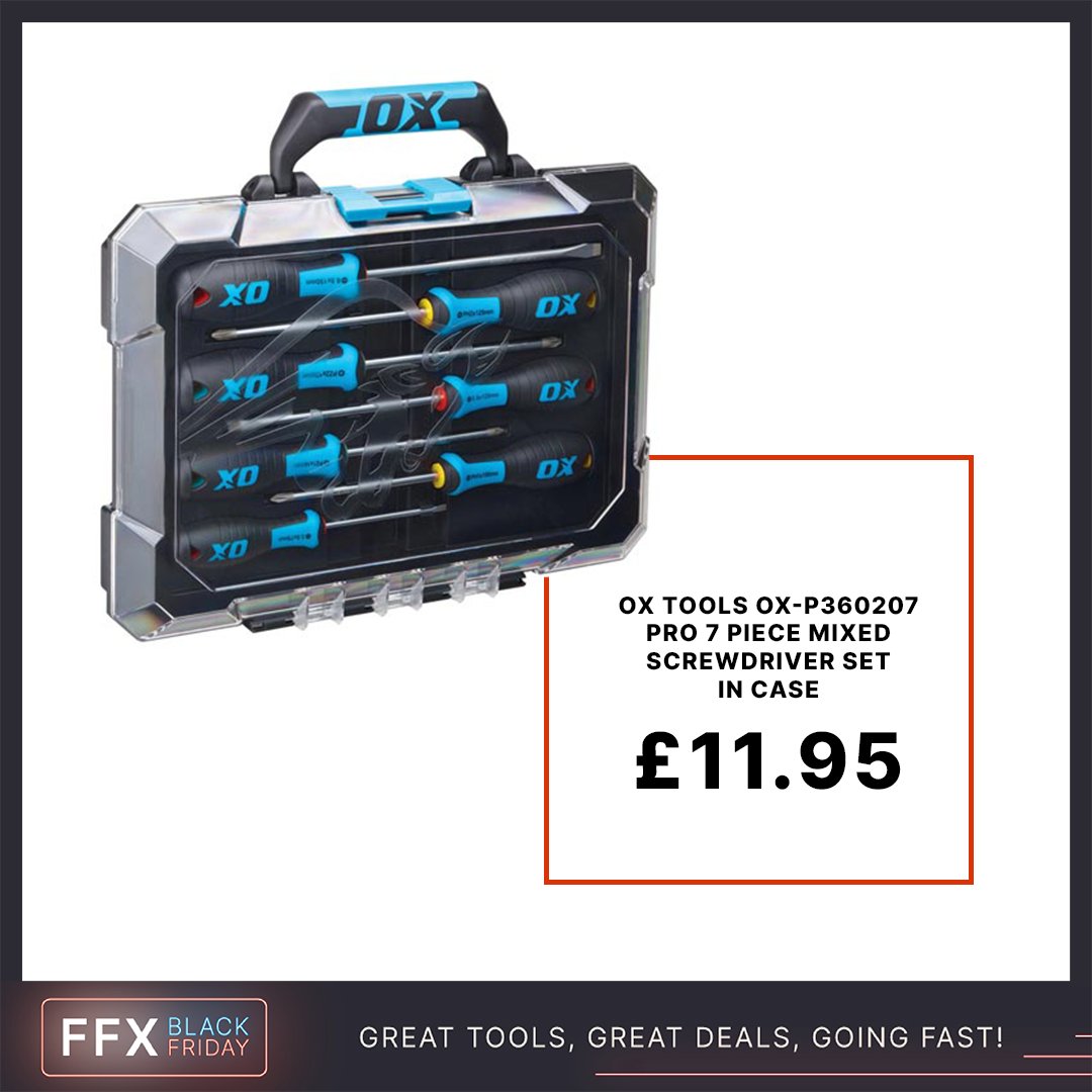 ToolsFfx's tweet image. Tackle any DIY project with ease with the OX Tools OX-P360207 Pro 7 Piece Mixed Screwdriver Set in Case.

The set includes:

Flared: 6.5 x 150mm
Parallel: 3.5 x 75mm, 5.5 x 125mm
Phillips: PH1 x 100mm, PH2 x 125mm
Pozi: PZ1 x 100mm, PZ2 x 125mm
#OXTools #OXPro #screwdriverset