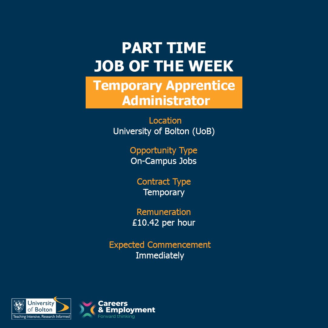 boltoncareers's tweet image. #ParttimeJoboftheWeek 
Temporary Apprentice Administrator 
Temporary position
£10.42 per hour
To apply, click the link in our bio to access Studenthub!

#jobs #studentjobs #universityofbolton #parttimejobs