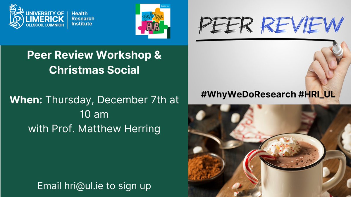 Health Research Institute (@hri_ul) on Twitter photo The Hub's final event of the semester is a Peer Review Workshop with <a href="/mph8/">Dr. Matthew P. Herring, PhD, FACSM</a>.
This will be followed by their Christmas Networking Social in Scholars.
Sign up by emailing hri@ul.ie The Hub's final event of the semester is a Peer Review Workshop with <a href="/mph8/">Dr. Matthew P. Herring, PhD, FACSM</a>.
This will be followed by their Christmas Networking Social in Scholars.
Sign up by emailing hri@ul.ie