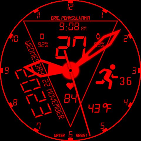 BAM!! #50 already, now available on Pujie for Android Wear OS! A red hybrid badboy that I just 'thunk up' last night. I consider it worthy enough to be my 50th published watch face, so here t'is. It has a ton of info available at a glance. Enjoy!
