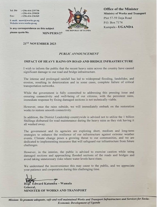 𝐒𝐓𝐀𝐓𝐄𝐌𝐄𝐍𝐓 | The intense and prolonged rainfall has led to widespread flooding. landslides, and erosion, resulting in deterioration, and in some cases, complete failure of critical transportation networks.