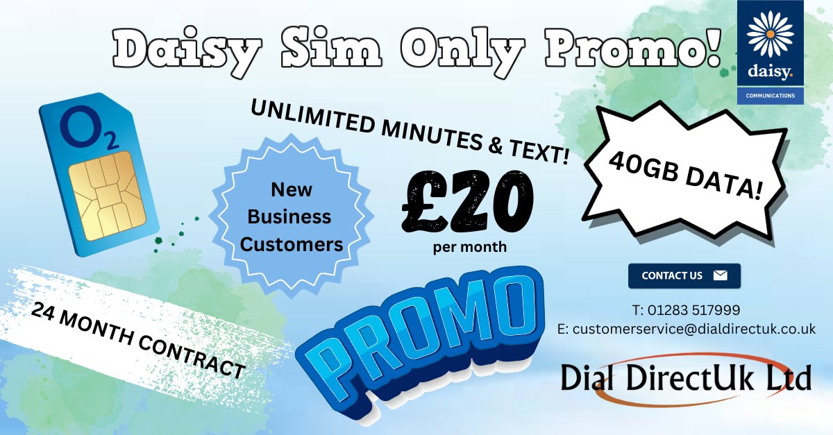 DialDirectUk's tweet image. Daisy sim only promo! Get in touch with a member of the team today on 01283 517999 for more information on our sim only plans. #daisy #simonly #o2 #mobile #business