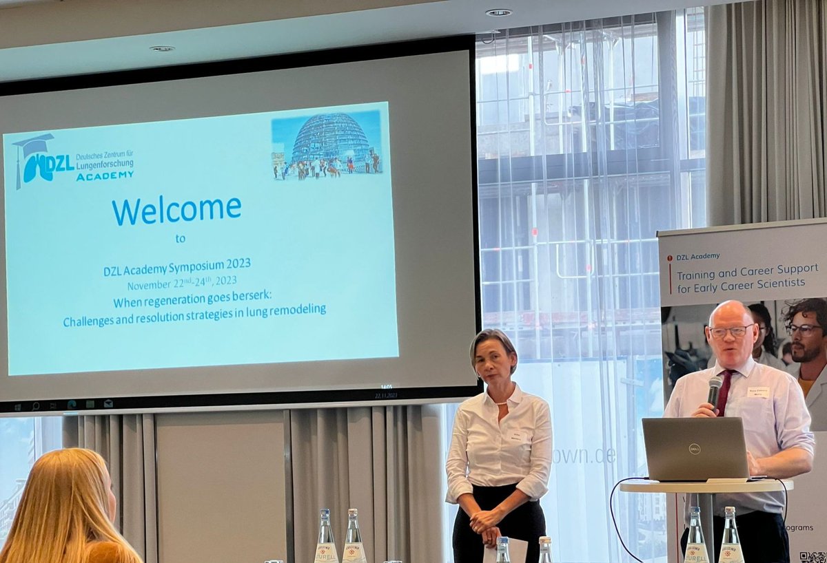 Our @dzlacademy Coordinators Prof. Dr. Silke Meiners (l, @MeinersLab) & Prof. Dr. Rory E. Morty (r, @RoryMorty) openening the 3rd @dzlacademy Symposium 'When regeneration goes beserk: Challenges and resolution strategies in lung remodeling' in Berlin today. #DZLAcadSymp2023