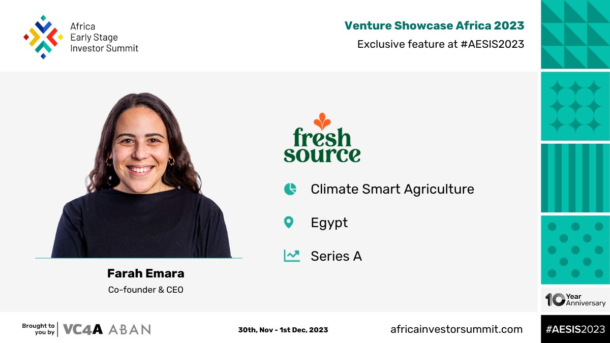 VC4A_Africa's tweet photo. Meet Farah Emara, CEO of @FreshsourceG : #ClimateSmartAgriculture | #Egypt 🇪🇬https://t.co/nYEt8QGBsI

FreshSource is a B2B agri-supply chain platform building MENA’s most sustainable fresh food system.
Meet at the #AESIS2023 DeepDive - https://t.co/KTrkblriSn

#VentureShowcase https://t.co/3H09MMwBJD