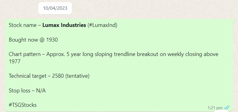 TSG_Capital's tweet photo. Stock name – Lumax Industries (#LumaxInd)
Disclosure - Bought @ 1930
Chart pattern – 5 years long sloping trendline BO @ 1977 & 5.6 years long ATH BO on weekly closing above 2580
Technical target – 5160
Time frame – Max. 2 years
#TSGStocks https://t.co/SxclSnugcA