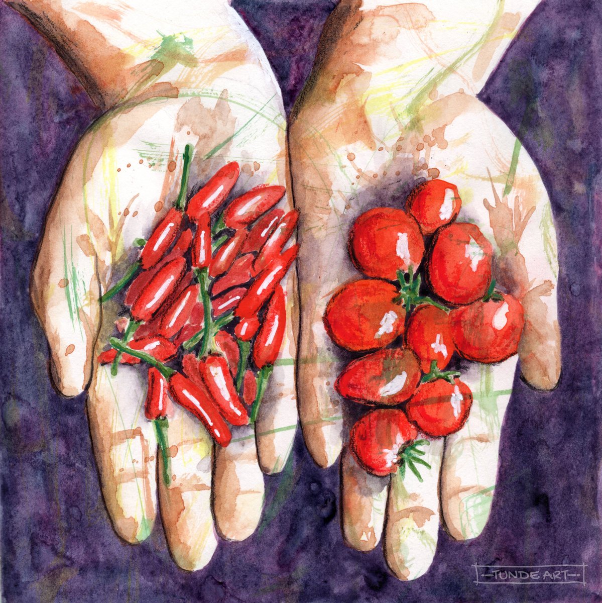 A part of the harvest from the windowsill. Mixed media on underpainted paper. 🍅🌶️🪴🎨🖌️

#growingfood #gardenerbyheart #tomato #chilli #tundeart #art #plants #mixedmedia #watercolour #painting #hands