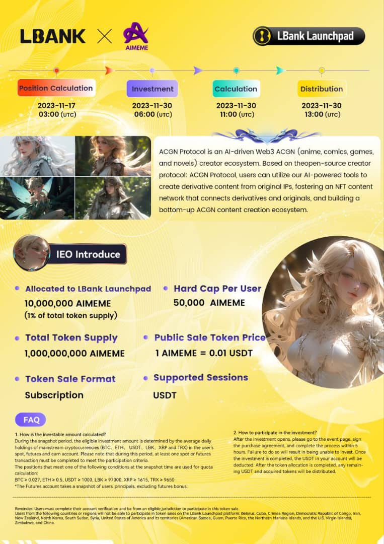 TemiBFi's tweet image. Hey Hunters!!

 Update on LBank Launchpad

@ACGNprotocol is leading the future of #ACGN content creation.

⏱️Snapshot Period: Nov 17 - Nov 29, 2023 (UTC). 

💼Hard Cap: 50,000 AIMEME per user.

Join now at bit.ly/3R4xeit 

#LBankIEO #LBbankLaunchpad  #LBankAngel #dwts