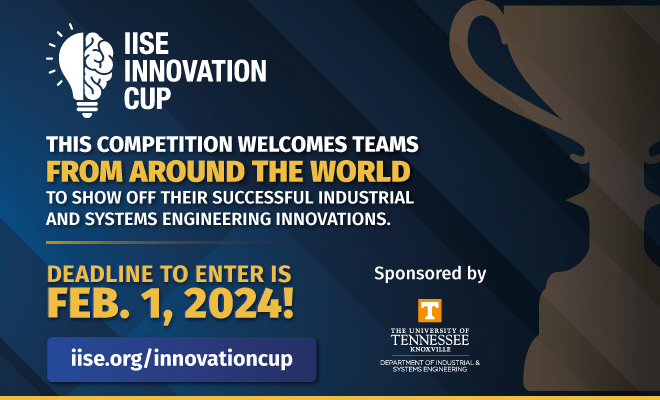 iisenet's tweet photo. Sponsored by the University of Tennessee, Knoxville, the IISE Innovation Cup is an international competition that provides an exciting opportunity for companies to highlight their successful innovative solutions: https://t.co/pMM1x0wIVJ

#industrialengineer #systemsengineer https://t.co/kxFhCfjcLG