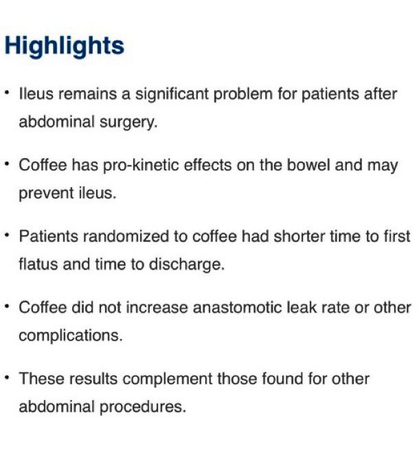 Clinical trial data supporting benefits of coffee! ☕️ 😋 👉 Coffee promotes return of bowel function after surgery 👉Coffee improved time to discharge post-op Make sure patients get their ☕️! americanjournalofsurgery.com/article/S0002-… H/T @drkeithsiau #MedEd #MedTwitter #ERASavesLives #Surgery…