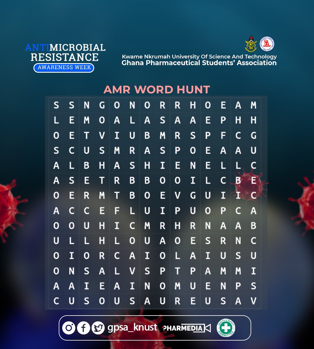 gpsa_knust's tweet photo. "Unlock the Mystery of AMR and Microbes! 🕵️‍♂️ Hunt for the words, crack the code, and you might just stumble upon the secret surprise for our Word Hunt Champion! 🎉 

Find instructions in the comments section🤝

#AMR
#WAAW23 https://t.co/OJ48Pj3O5y