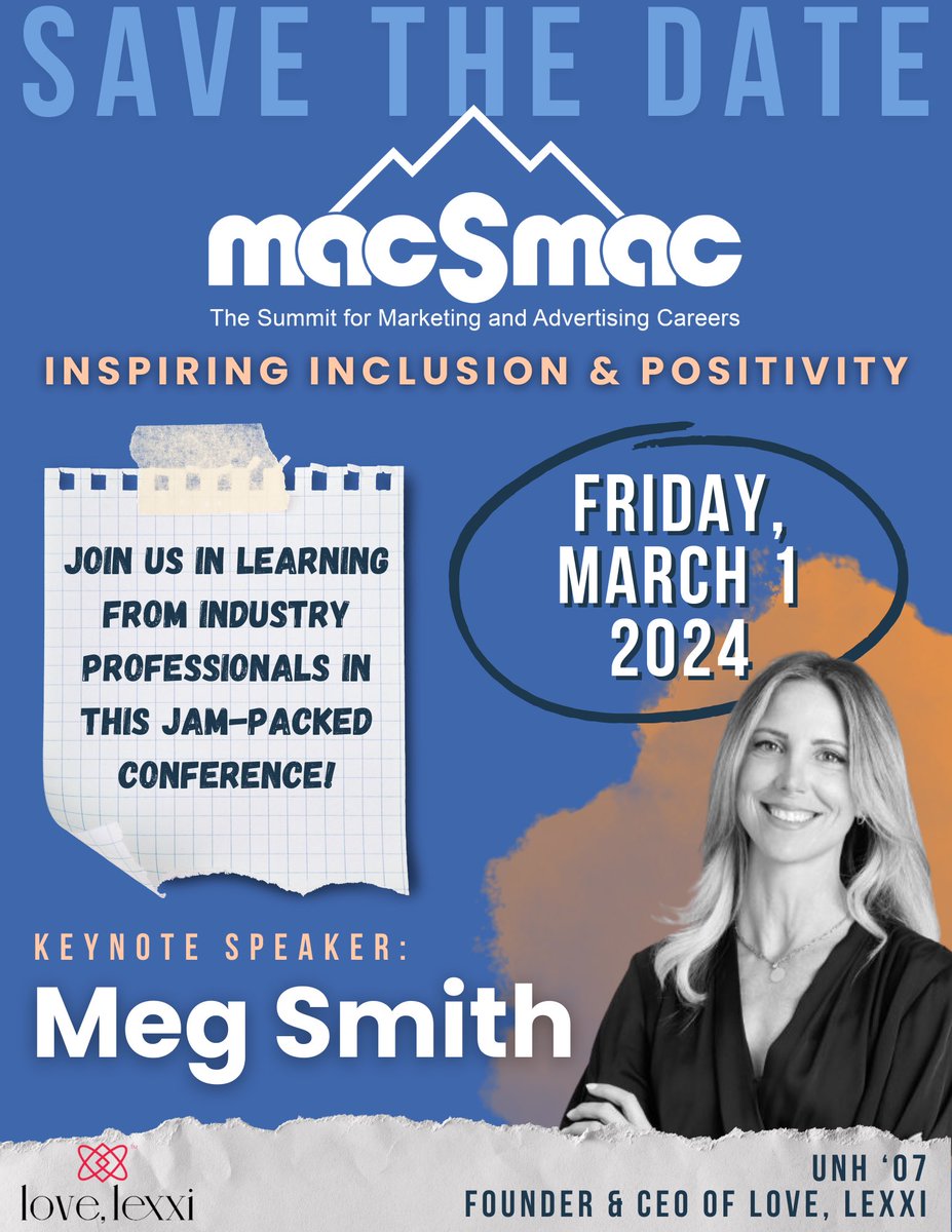 MAC_UNH's tweet photo. Mark your calendars because MAC SMAC is BACK! 🗓️ We are excited to announce this year’s keynote speaker is Meg Smith, founder and CEO of Love, Lexxi, and a UNH alum! 💙👩🏼‍🎓🧡 

 #macsmac #paulpride #ama https://t.co/IQjbn9C4W5