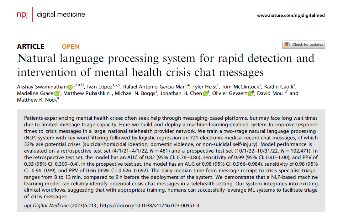npjDigitalMed's tweet photo. This team from @cerebral built a #MachineLearning system to identify chat messages from patients experiencing #mentalhealth crises. 

When deployed in a national telehealth network it reduced response times to patients in crisis from 10 hours to <10 mins.

https://t.co/4X98URP0kB https://t.co/1QyDvWge1x