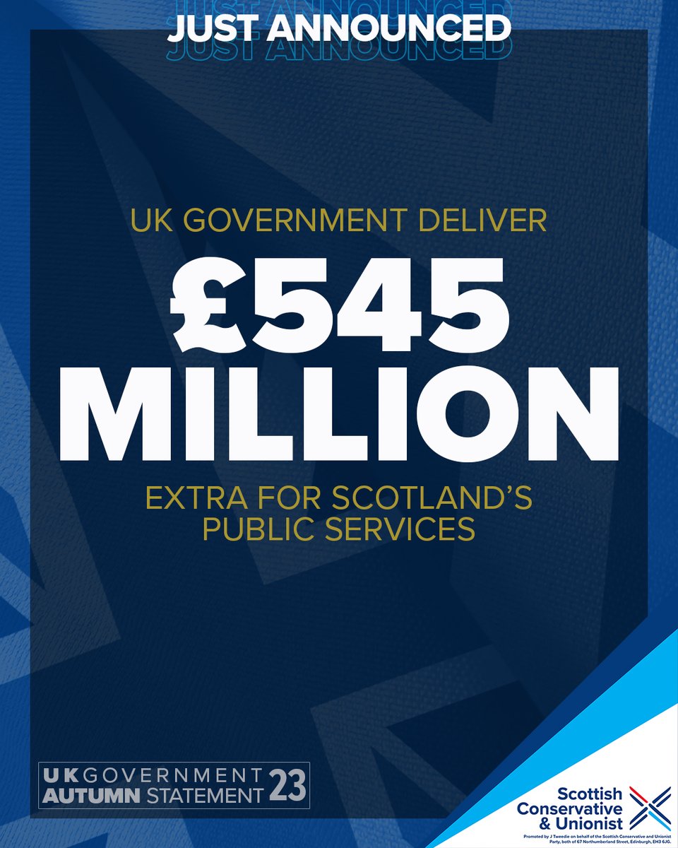 ScotTories's tweet photo. NEW: UK Chancellor @Jeremy_Hunt's announcements today will mean a massive £545million boost in Barnett Consequentials for Scotland's public services.

The UK Government is delivering for Scotland.

#AutumnStatement23 🇬🇧🏴󠁧󠁢󠁳󠁣󠁴󠁿 https://t.co/ctDFszr72w