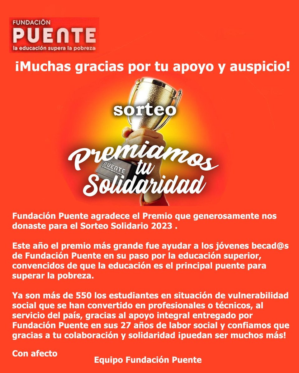 Gracias a las empresas que aportaron en nuestro Sorteo Solidario 2023👏🏻 Cada premio fue un gran apoyo para nuestros jóvenes becad@s, que son el centro de nuestra  labor y que demuestran que la educación es el principal puente para la superar la pobreza

#SorteoSolidario2023