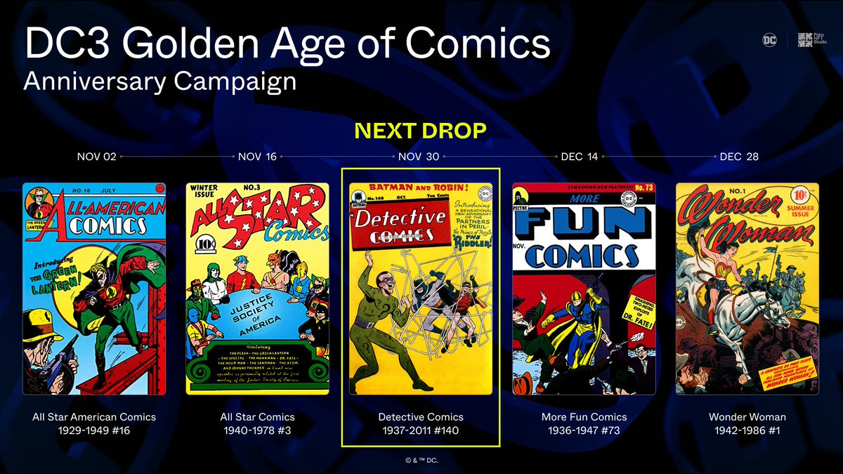 Every two weeks, #DC3 brings you Golden Age classics. Coming Nov 30: Detective Comics (1937-2011) #140, featuring The Riddler's debut. Don't miss the comic that introduced Batman's enigmatic foe 75 years ago. Own a piece of this legendary rivalry! Visit nft.dcuniverse.com