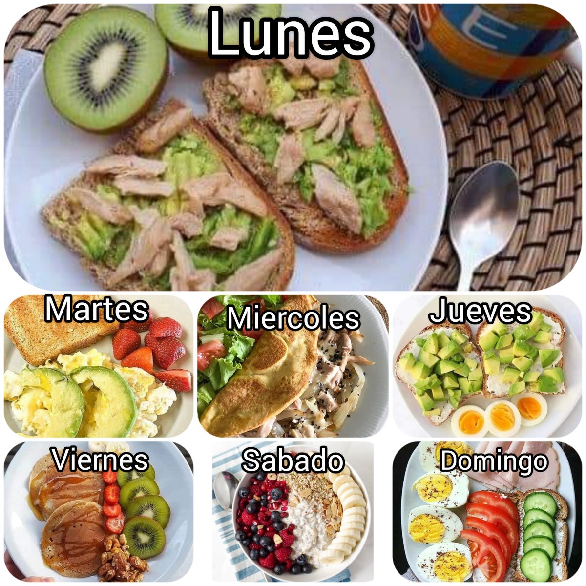 NutriologoGiron's tweet photo. IDEA DE DESAYUNOS PARA LA SEMANA

LUNES
-Pan
-Aguacate
-Atún
-Fruta

MARTES
-Huevos
-Aguacate
-Pan

MIERCOLES
-claras de huevo
-champiñones
-aceitunas

JUEVES
-Pan tostado
-queso panela
-Aguacate

VIERNES
-Pancakes de avena
-fruta

SABADO
-Yogur griego 
-Avena
-Platano
-Frutos rojos

DOMINGO
-huevos
-Pan
-aguacate
-jamon de pavo