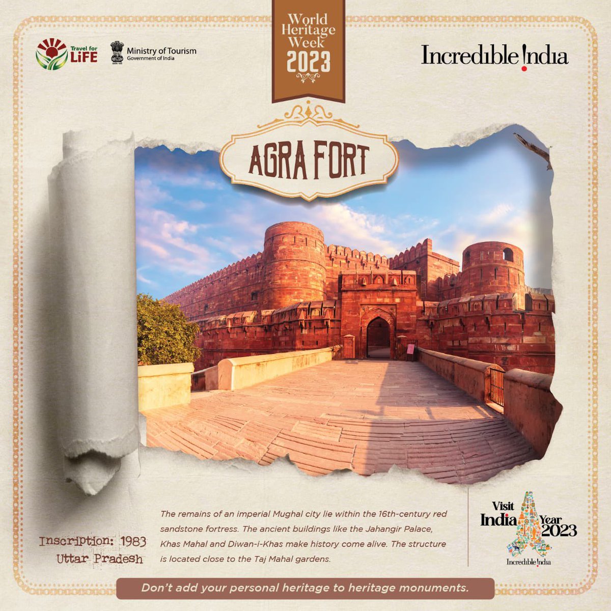 Celebrating our rich cultural and natural legacy in the #WorldHeritageWeek. Lets unite to spread the awareness and  preserve these treasures for future generations.

The Agra Fort is one such symbol of historical grandeur.
#heritage #AgraFort #IncredibleIndia 

@kishanreddybjp…