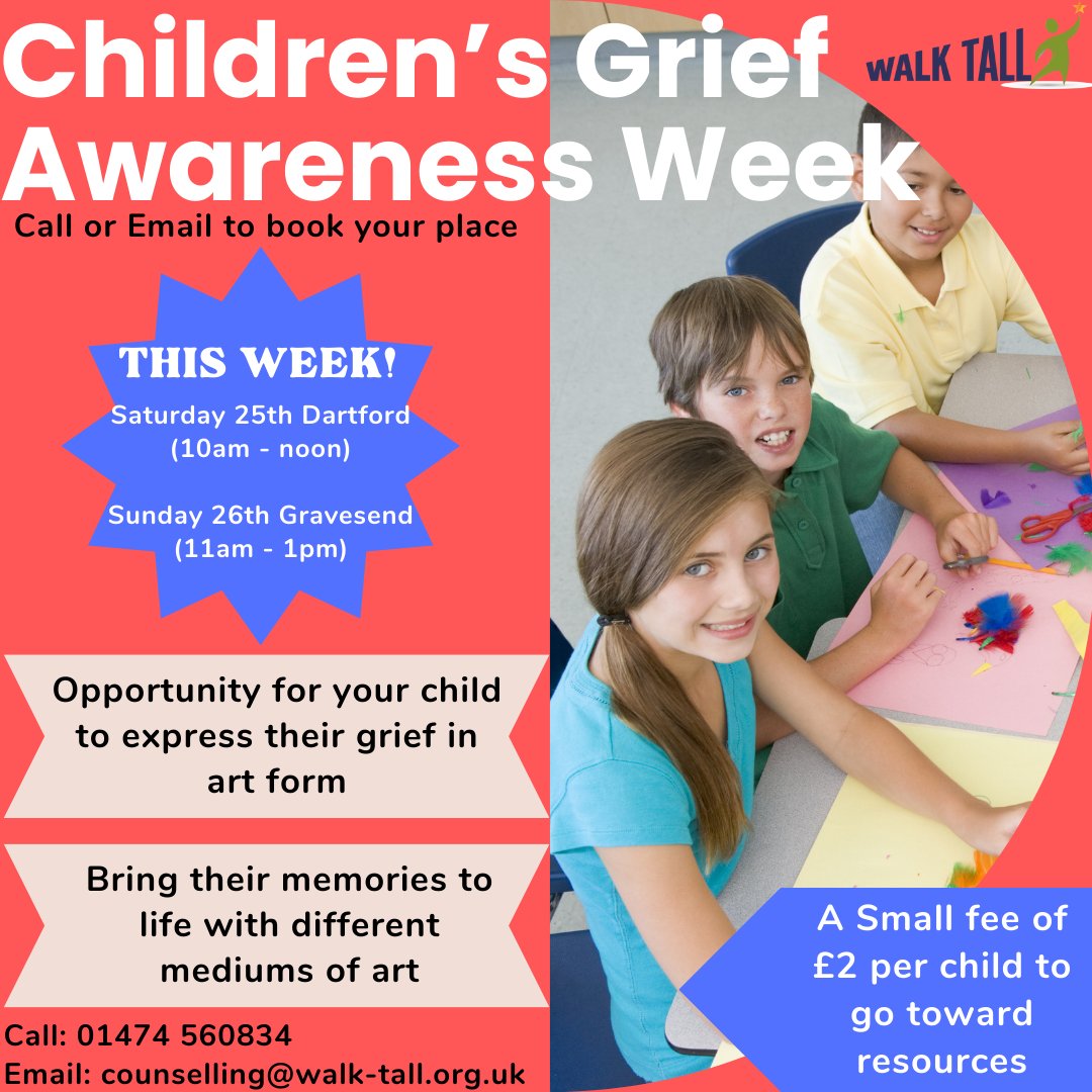 This weekend!
Children's grief awareness is here and we are here for your children. Dartford High Street! Gravesend Wrotham Road! Call or email to book your space!
#grief #childgrief #childrengrief #november #dartford #gravesend #gravesham #memories #commemorate #create #walktall