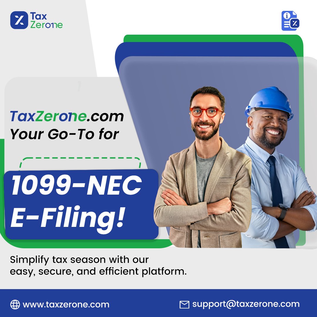 TaxZeroneUS's tweet photo. Navigate tax season effortlessly with https://t.co/wQP3L3zoY4! Our user-friendly platform ensures easy, secure, and efficient 1099-NEC e-filing. Experience the simplicity of tax return filing. Visit https://t.co/22XWrHyWQm today
#taxzerone #form1099nec #1099Form https://t.co/4zNRiVb6mB