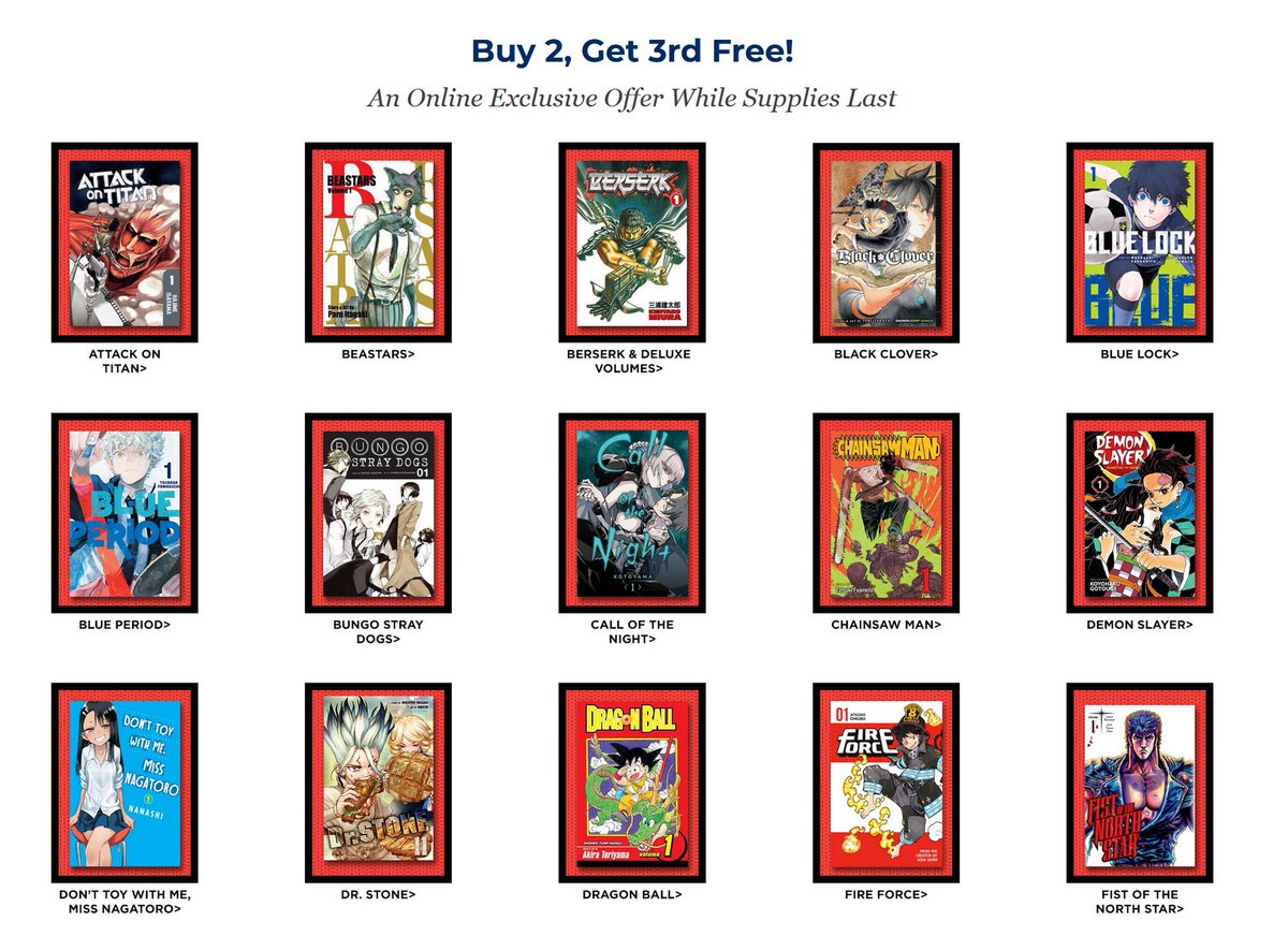 Books-A-Million is running a Buy 2 Get 1 Free Sale on their manga

• Use 'CA1123' for 15% off $25
• Use '20NOV' for 20% off $100

bit.ly/40YZNRu

#ad #manga #mangatwt #mangadeals