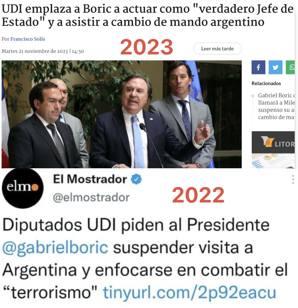 fotohistoriacl's tweet photo. UDI

2022: "Actúe como jefe de Estado y suspenda su visita a Argentina" (Era una cumbre internacional con otros presidentes)

2023: "Actúe como jefe de Estado y mantenga su visita a Argentina" (Cambio de mando con otros presidentes)