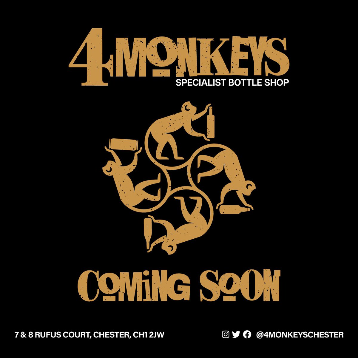 🚨4 Monkeys Chester officially opens its doors on Saturday 2nd December in Rufus Court🚨
Come and explore our range of #craftbeer #craftspirits #craftcider #englishwine #giftsets & more… 🍻🍾
@welovegoodtimes @ShitChester @chesterdotcom @chestertweetsuk @Dee1063 @AlexandersLive