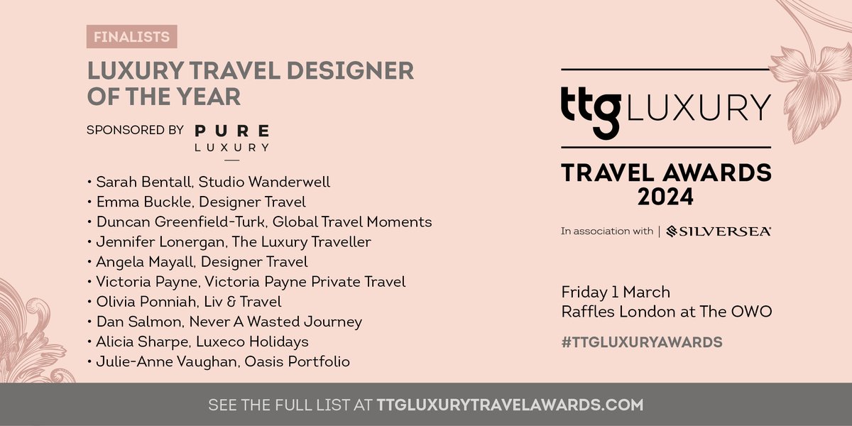 💃 3/3 Well done to the Luxury Travel Designer of the Year finalists, sponsored by Pure Luxury...

@Dan_salmon85, Never A Wasted Journey
Alicia Sharpe, Luxeco Holidays
Julie-Anne Vaughan, @OasisTravelNI

#TTGLuxuryAwards
