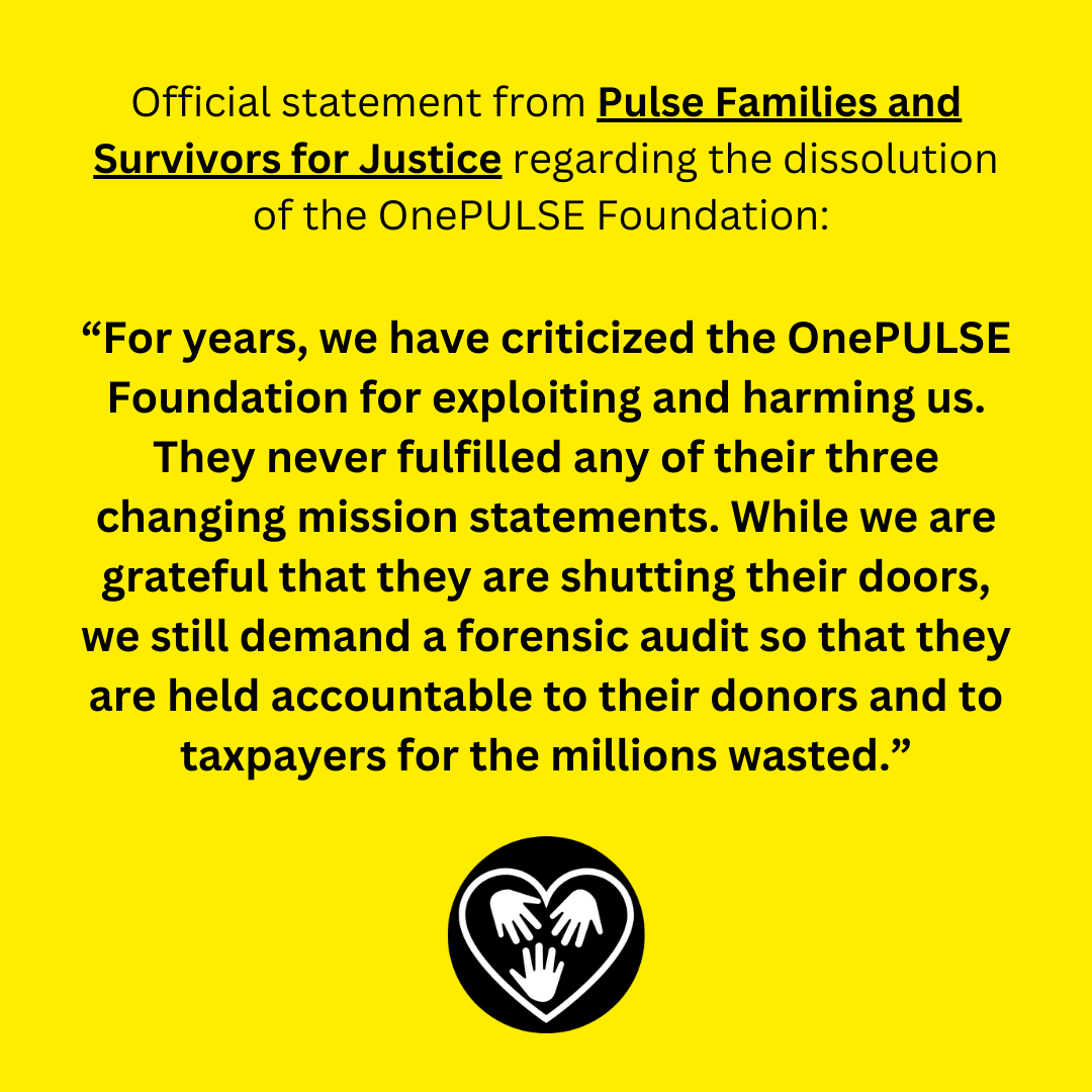 NoPulseMuseum's tweet photo. We did it! There will be no more OnePULSE Foundation. Let this be a lesson: DO NOT EVEN TRY TO EXPLOIT MASS SHOOTING VICTIMS/SURVIVORS! The @onepulseorg is gone. We are still here. We are still fighting. https://t.co/KXsQvEIlSc