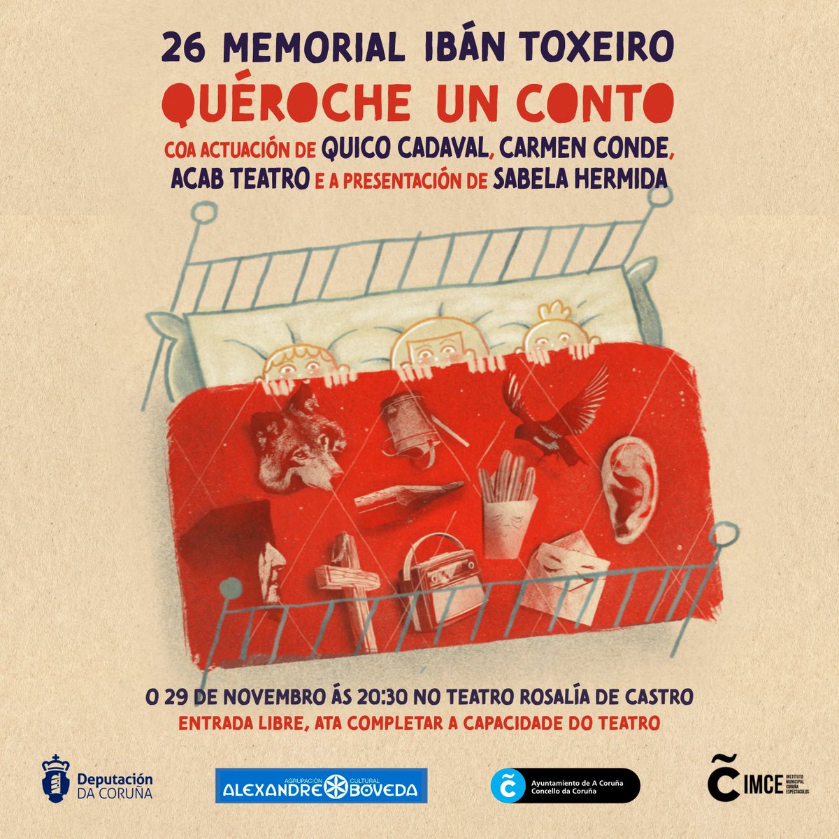 📢Gala do 26 Memorial Ibán Toxeiro
A nosa festa anual das artes escénicas galegas afeccionadas e profesionais. Mércores, día 29, ás 20.30h no <a href="/TeatroRosalia/">Teatro Rosalía Castro</a>
Coa participación d #QuicoCadaval e #CarmenConde, o grupo de ACABTeatro, direc de <a href="/ManuelaVarela8/">Manuela Varela</a>. Presenta Sabela Hermida