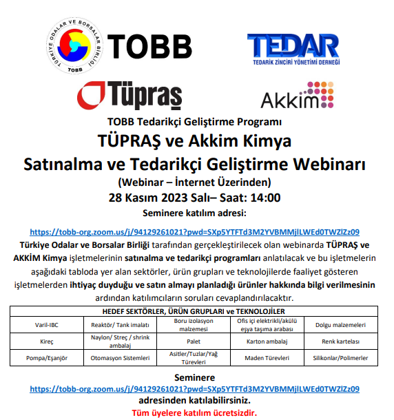 Webinarda TÜPRAŞ ve Akkim Kimya işletmelerinin satınalma ve tedarikçi programları anlatılacak ve tablodaki sektörler, ürün grupları ve teknolojilerde faaliyet gösteren işletmelerden ihtiyaç duyduğu ve satın almayı planladığı ürünler hakkında bilgi verilecektir.