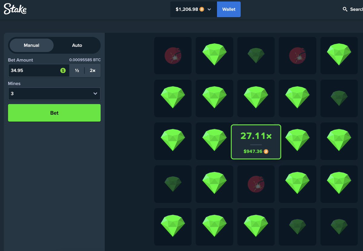 Quick bet on <a href="/Stake/">Stake.com</a> mines 🤓 thank you!
$35 bet into $950 is FIRE. 

To celebrate, I'll be tipping comments with $2-5 each so like &amp; retweet this post and drop your Stake username below 👇

💎 Stake: stake.com/?c=virex1
🇺🇸 StakeUS: stake.us/?c=virex1