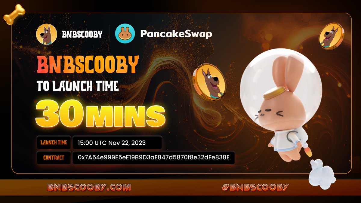 BNBScooby's tweet photo. 🐶 Let's Countdown 30 MINUTES $BNBSCOOBY Launch On Pancake 🐰

👍 Listing Information:
⏰ Time: 15:00 (UTC) November 22, 2023
📊 Marketcap: $17,413
🐰 Official Link: https://t.co/D2KjdyoGUz

🐱 Chart: https://t.co/e3wgUR1qK6

#BNBScooby #Scooby #BNB #Pancakeswap https://t.co/Sp0hNk766W