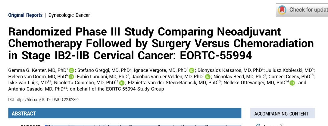gusviani's tweet photo. 🎙️Neoadjuvant CHT followed by 🔪failed in demonstrating ⬆️ OS ✖️ CCRT for IB2-IIb #cervicalcarcinoma‼️@OncoAlert @ASCO 
📌Ph3 RCT comparing neoadjuvant chemotherapy + 🔪 (NACT-S)✖️standard CCRT
- 626 👥 w/ stage IB2-IIb cervical carcinoma
-🥇🎯 : 5-y OS
📊RESULTs
- 31.6% ⚰️ after 8.7 y median FU
- Balanced age, stage, cell type in both arms
- Completion of protocol: 71% in NACT-S, 82% in CCRT
- Additional interventions: RT post NACT-S (48%), 🔪 post CCRT (8%)
- Short-term AEs ≥G3 + in NACT-S (41% vs. 23%), long-term AEs ≥ G3 ⬆️ in CCRT (21% vs. 15%)
- 5-y OS not significantly different: NACT-S (72%)✖️CCRT (76%)
https://t.co/HhKql1Rn8U