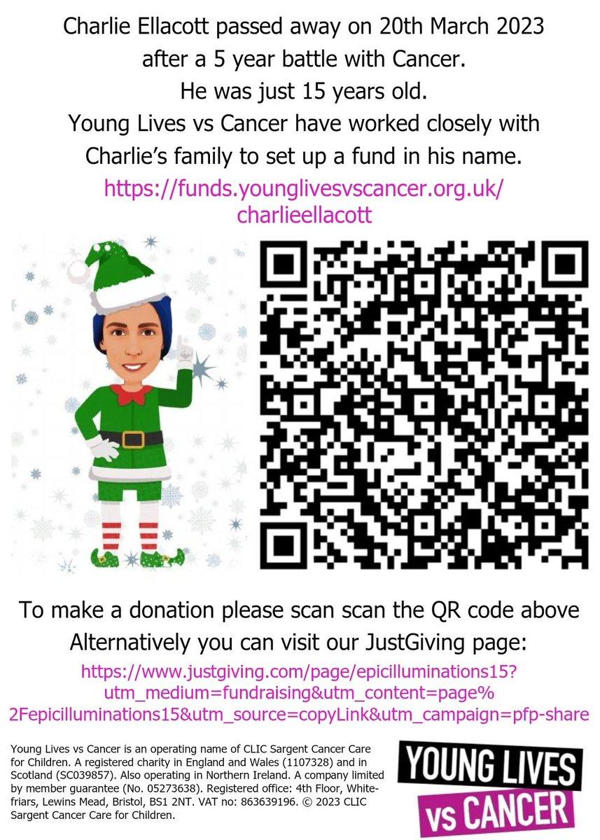 Every year, we decorate the front of our house to raise money for Charity. This year, in memory of our Godson Charlie, we are raising money for The Charlie Ellacott Fund set up by @younglivesvscancer 
To donate scan the QR code in the pics or go to justgiving.com/page/epicillum…