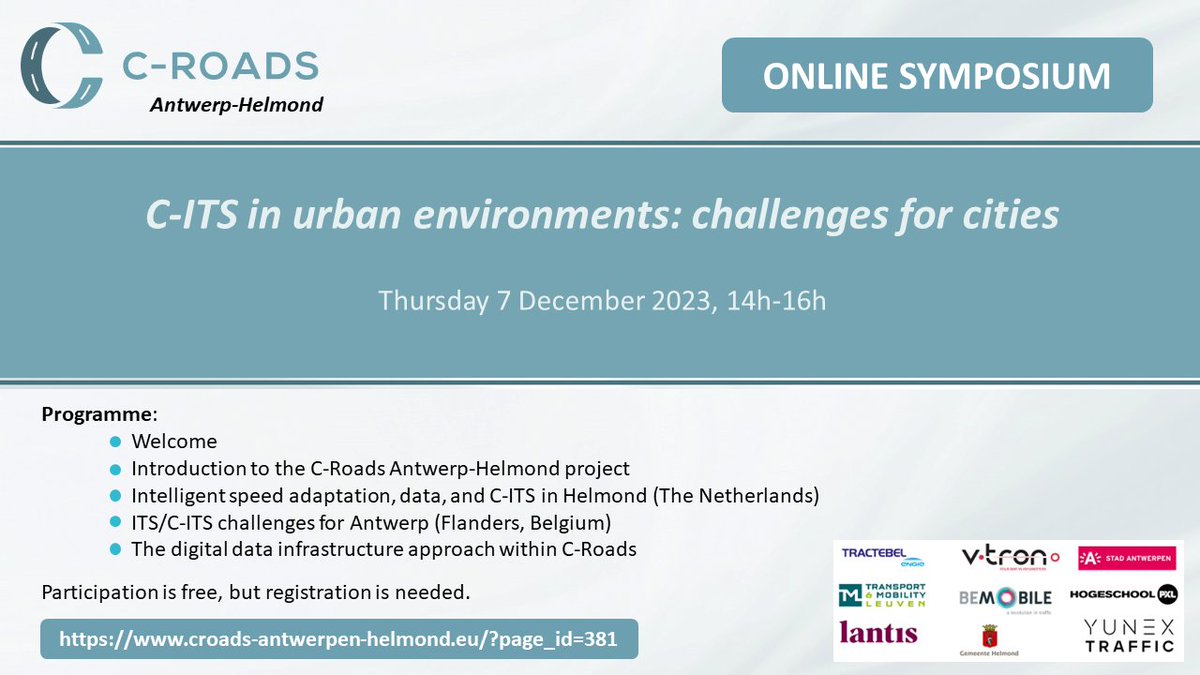 cRoadsAntHel's tweet photo. If you didn't already know: join our free online C-ITS symposium Thursday 7 December, 14h-16h. Register yourself at  https://t.co/hgSaihlrUm https://t.co/S94AoYRFkq