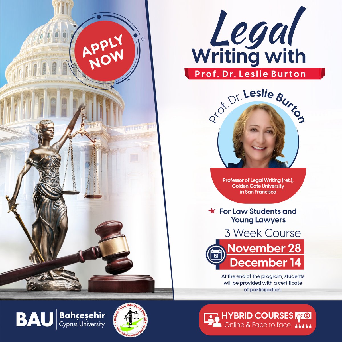 Bahçeşehir Cyprus University Faculty of Law is organizing a 3-week hybrid format training on "Legal Writing" for law students and legal professionals.
Apply here: bit.ly/3QHxhzh For further information please contact law.faculty@baucyprus.edu.tr
#baucyprus #law #Hybrid