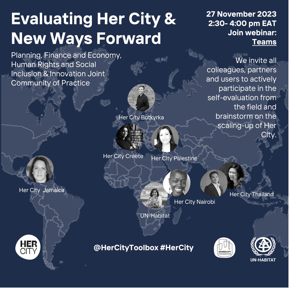 Participate in our #CommunityOfPractice to explore the future of #HerCity together?

📆 Monday 27 November 2023 
⏰2:30-4:00 pm EAT 
👩‍💻Join: shorturl.at/moCDM

Our colleagues, partners and users actively evaluate and brainstorm on the scaling-up of Her City.

#SharedCity