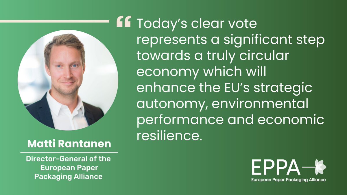 EPPA DG <a href="/matti_rantanen/">Matti Rantanen</a> on todays's PPWR EP vote: 🧵

Today’s clear vote represents a significant step towards a truly circular economy which will enhance the EU’s strategic autonomy, environmental performance and economic resilience.