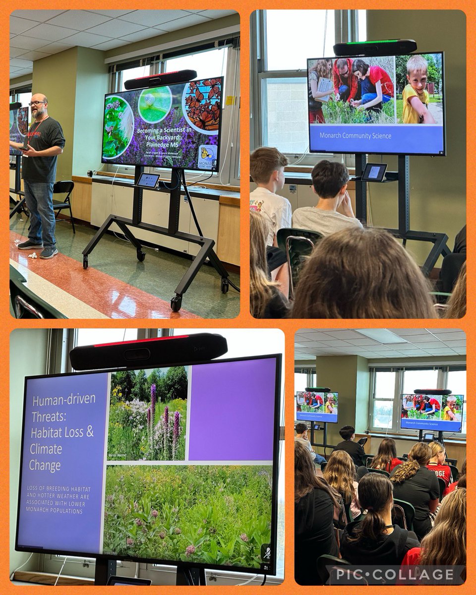 PlainedgeMSLMC's tweet photo. Culminating activity for the 7th grade interdisciplinary Monarch Butterfly project…a videoconference with Monarch Joint Venture. So glad to be a part of this project! @MonarchsJV @bsmithmath #monarchmigration #interdisciplinaryproject https://t.co/hDeucuuefi